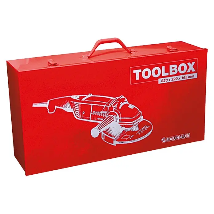 BAUHAUS Maschinenkoffer Toolbox - 62 x 32 x 16,5 cm, Geeignet für: Winkelschleifer, Stahl - Roter Werkzeugkasten mit Bauhaus-Logo und Zeichnung eines Winkelschleifers, der eine robuste und praktische Aufbewahrungslösung bietet.