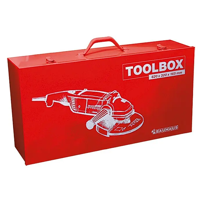 BAUHAUS Maschinenkoffer Toolbox - 62 x 32 x 16,5 cm, Geeignet für: Winkelschleifer, Stahl - Roter Werkzeugkasten mit Bauhaus-Logo und Zeichnung eines Winkelschleifers, der eine robuste und praktische Aufbewahrungslösung bietet.