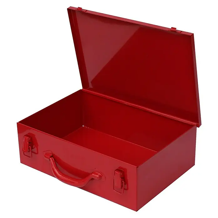 BAUHAUS Maschinenkoffer Toolbox - 33,5 x 23,5 x 11 cm, Geeignet für: Uni-Elektrowerkzeuge, Stahl - Geöffnete rote Werkzeugkiste aus Metall, ideal zur Aufbewahrung von Werkzeugen. Robuste Konstruktion für den täglichen Gebrauch.