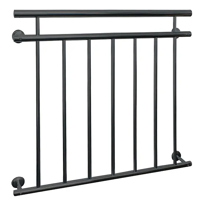Französischer Balkon 90 x 100 cm Anthrazit aus Stahl pulverbeschichtet -  - Dunkles Metallgeländer mit vertikalen Stäben und Wandhalterungen.