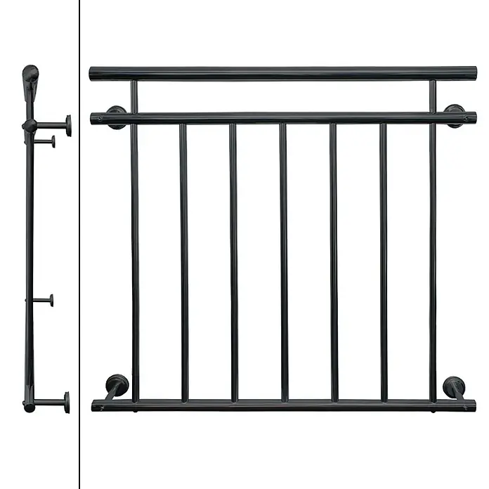 Französischer Balkon 90 x 100 cm Anthrazit aus Stahl pulverbeschichtet -  - Schwarzes Metall-Balkongeländer mit vertikalen Streben, Vorder- und Seitenansicht.