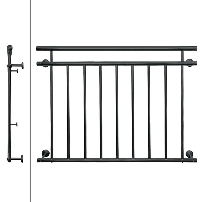 Französischer Balkon 90 x 128 cm Anthrazit aus Stahl pulverbeschichtet -  - Schwarzes Metallbalkongeländer mit vertikalen Balustern und einem oberen Handlauf.