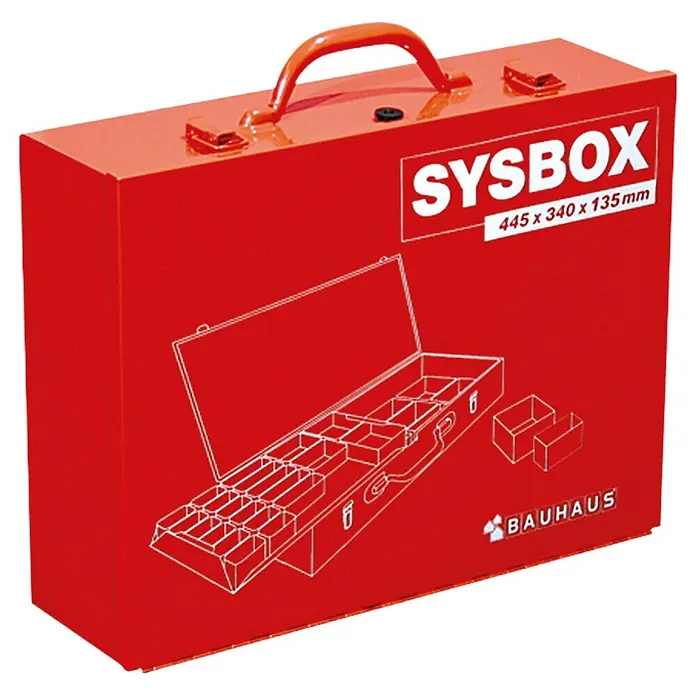 BAUHAUS Systembox - L x B x H: 445 x 340 x 135 mm, Rot - Rote Sysbox Werkzeugkiste von Bauhaus, ideal für die Werkstatt oder Hobbyraum, mit Innenfächern und Tragegriff.
