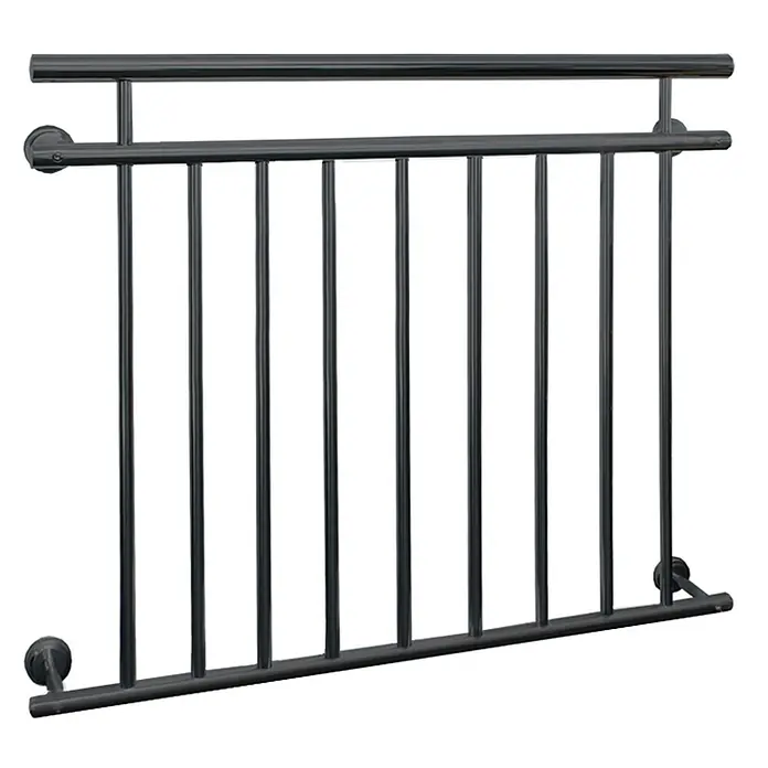 Französischer Balkon 90 x 128 cm Anthrazit aus Stahl pulverbeschichtet -  - Schwarzes Metallbalkongeländer mit horizontalen Schienen und vertikalen Balustern.