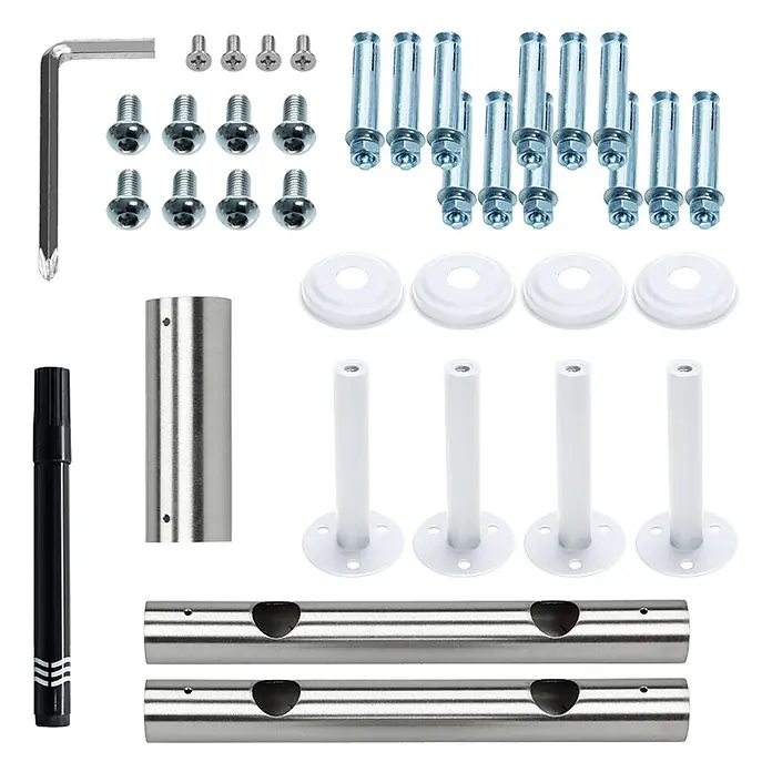 Französischer Balkon 90 x 184 cm Weiß matt aus Stahl pulverbeschichtet -  - Hardware-Set für Wandregal mit Edelstahlstangen, weißen Haltern, Dübeln, Befestigungen, Inbusschlüssel und Marker.