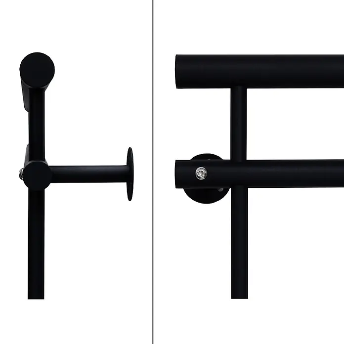 Französischer Balkon 90 x 225 cm Schwarz matt Stahl pulverbeschichtet -  - Schwarze, matte Metall-Handtuchhalterung mit horizontalen Stangen, vertikalen Stützen und einer Befestigungsstelle mit Schraube.