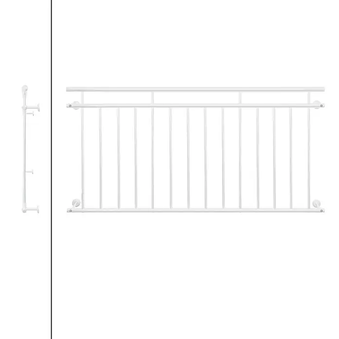 Französischer Balkon 90 x 184 cm Weiß matt aus Stahl pulverbeschichtet -  - Weißes Metallbalkongeländer mit vertikalen Stäben und Handlauf, Seitenhalterungen sichtbar.