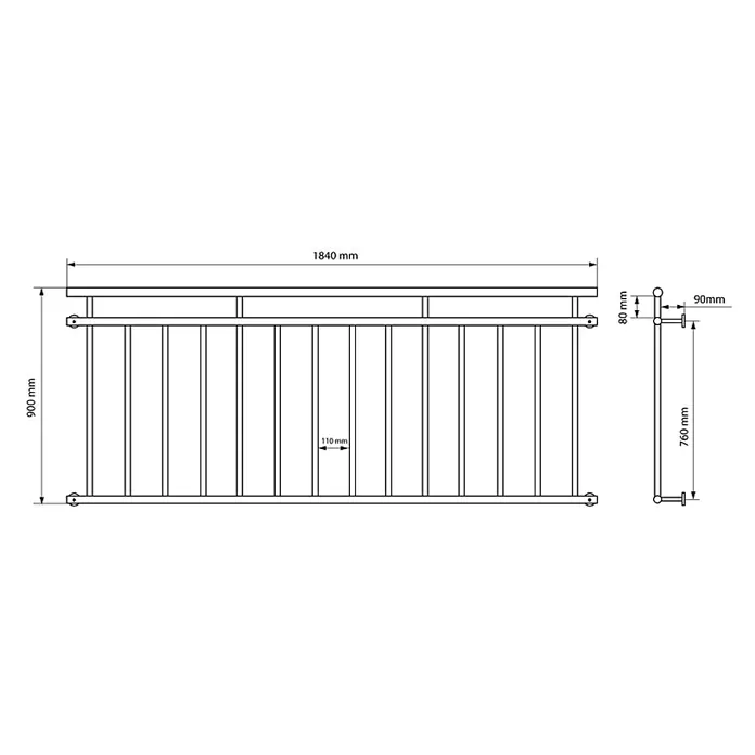 Französischer Balkon 90 x 184 cm Weiß matt aus Stahl pulverbeschichtet -  - Detaillierte technische Zeichnung eines Metallgeländers mit vertikalen Balustern, Maße und Abstände.