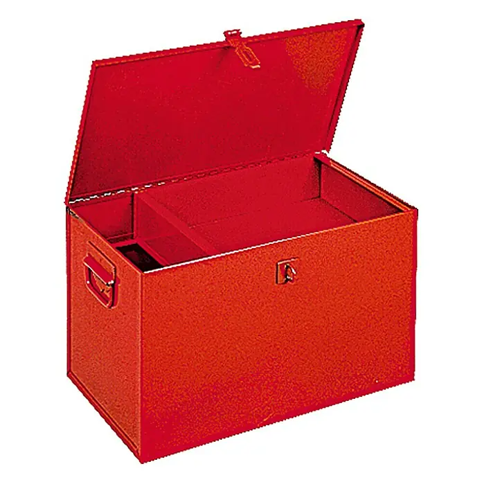 Caja para herramientas - L x An x Al: 60 x 35 x 35 cm, Rojo - Una caja de herramientas metálica roja con la tapa abierta, que permite ver el interior con compartimentos. Almacenamiento robusto para herramientas.