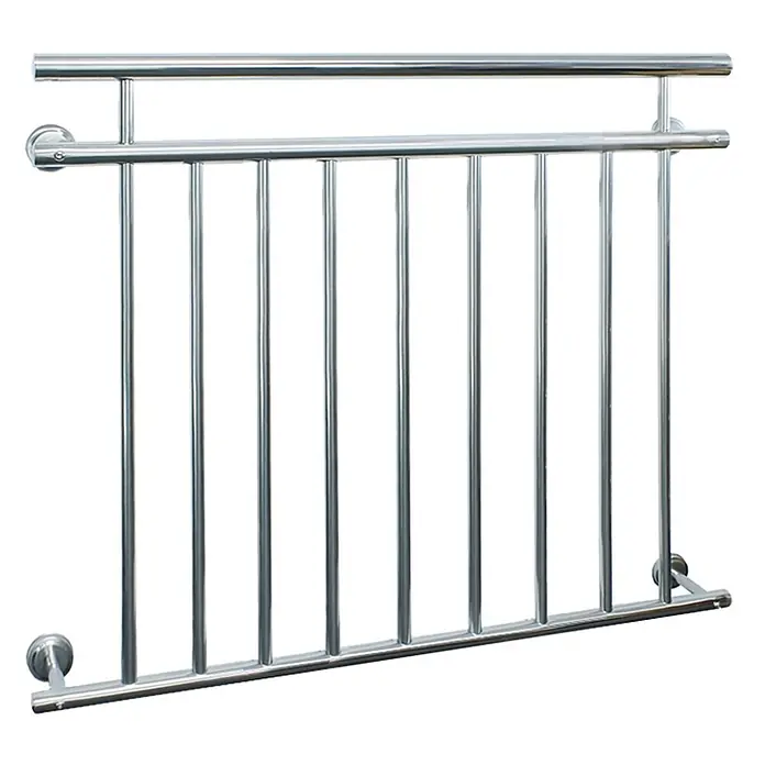 Französischer Balkon 90 x 128 cm Silber glänzend aus Edelstahl -  - Glänzendes Edelstahlgeländer mit vertikalen Stäben und zwei horizontalen Handläufen, ideal für Balkone oder Treppen.