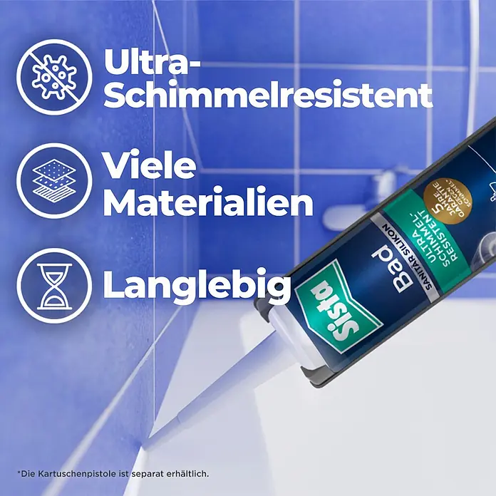Sista Sanitär-Silikon Ultra Schimmelresistent - Weiß, 280 ml - Sista Sanitärsilikon auf blauen Badfliesen, ultra schimmelresistent, langlebig für viele Materialien.