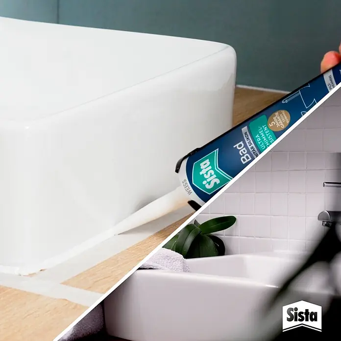 Sista Sanitär-Silikon Ultra Schimmelresistent - Weiß, 280 ml - Weißes Sista Dichtmittel wird zum Abdichten einer Badewanne gegen Schimmel aufgetragen; ein Badezimmerspülbecken im Hintergrund.