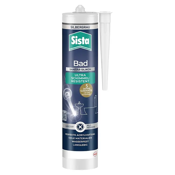 Sista Sanitär-Silikon Ultra Schimmelresistent - Hellgrau, 280 ml - Sista Bad silbergraue Sanitärsilikon-Dichtungsmasse, schimmelresistent für Badanwendungen.