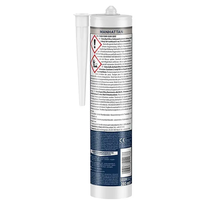 Sista Sanitär-Silikon Ultra Schimmelresistent - Manhattan, 280 ml - Weiße Tube Sista Bad Ultra schimmelresistenter Dichtmasse mit blauem Etikett, Sicherheitshinweisen und Anwendungsinformationen.