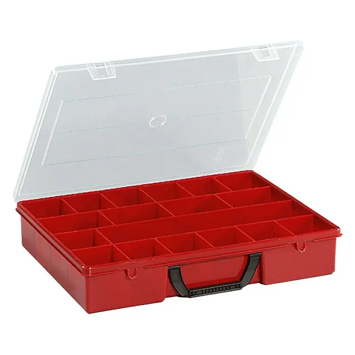 Wisent Kleinteilekoffer 4-18 - Rot, Anzahl Fächer: 18 Stk. - Rote Sortimentsbox mit transparentem Deckel und Fächern zur Aufbewahrung von Kleinteilen, ideal für Werkstatt und Hobby.