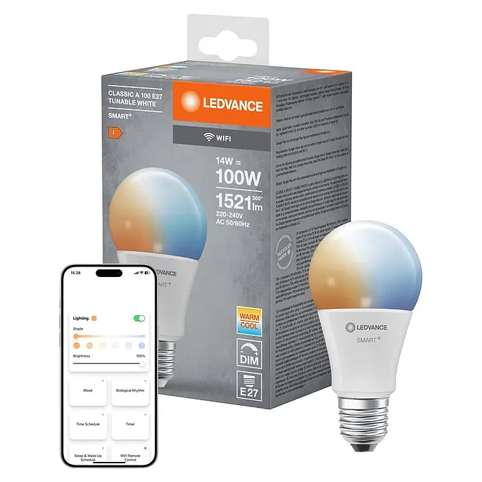 Osram LED-Leuchtmittel SMART+ MATTER Classic A100 14W 827...865 TW E27 - E27, Dimmbar, Mehrfarbig, 1.521 lm, 14 W - Smarte E27 LED-Lampe mit orange-blauer Kugel und grauer Verpackung, daneben ein Smartphone zur Steuerung der Funktionen.