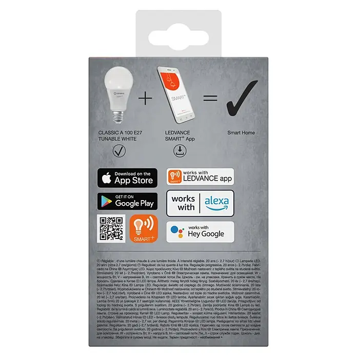 Osram LED-Leuchtmittel SMART+ MATTER Classic A100 14W 827...865 TW E27 - E27, Dimmbar, Mehrfarbig, 1.521 lm, 14 W - LEDVANCE Smart+ E27 Glühbirne, abstimmbares Weiß, mit Smartphone-App und Kompatibilitätslogos für Alexa, Google Home.