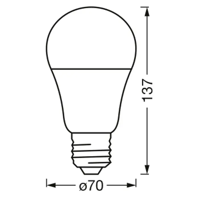 Osram LED-Leuchtmittel SMART+ MATTER Classic A100 14W 827...865 TW E27 - E27, Dimmbar, Mehrfarbig, 1.521 lm, 14 W - Technische Zeichnung einer A-förmigen LED-Lampe mit einer Höhe von 137mm und Durchmesser von 70mm.