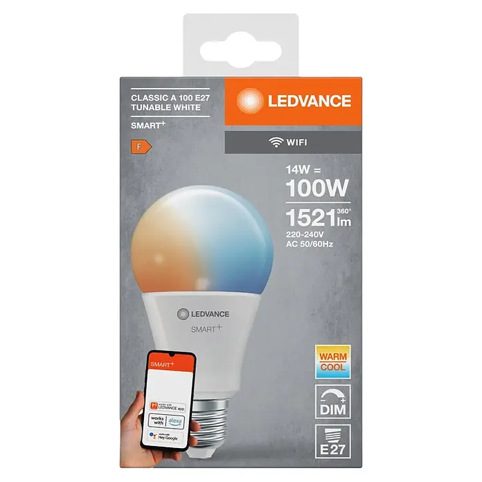 Osram LED-Leuchtmittel SMART+ MATTER Classic A100 14W 827...865 TW E27 - E27, Dimmbar, Mehrfarbig, 1.521 lm, 14 W - LEDVANCE Smart+ E27 tunable white Smart-Glühbirne und Produktverpackung, zeigt Funktionen wie WLAN, Dimmen und App-Steuerung.