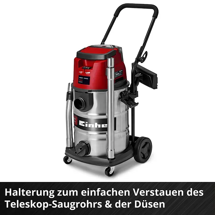 Einhell PXC 18V Akku-Nass-Trockensauger TE-VC 36/30 Li S-Solo - 18 V, Ohne Akku, Behältervolumen: 30 l - Roter und silberner Nass-Trockensauger mit Halterung für Teleskop-Saugrohr und Düsen auf Rollen.