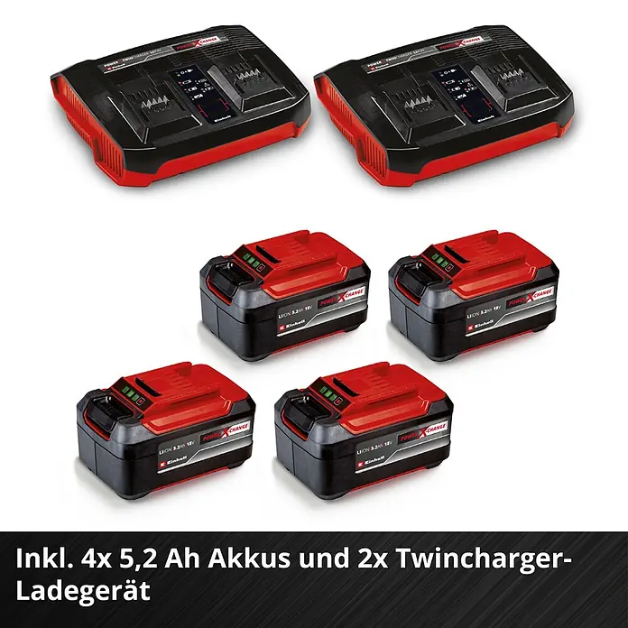 Einhell Professional PXC 18V Akku-Rasenmäher GP-CM 36/52 S Li BL - 36 V, 4 Akkus, 5,2 Ah, Schnittbreite: 52 cm - Vier schwarze und rote Einhell 5,2 Ah 18V Li-Ion Akkus und zwei passende Einhell Twincharger Mehrfachladegeräte.