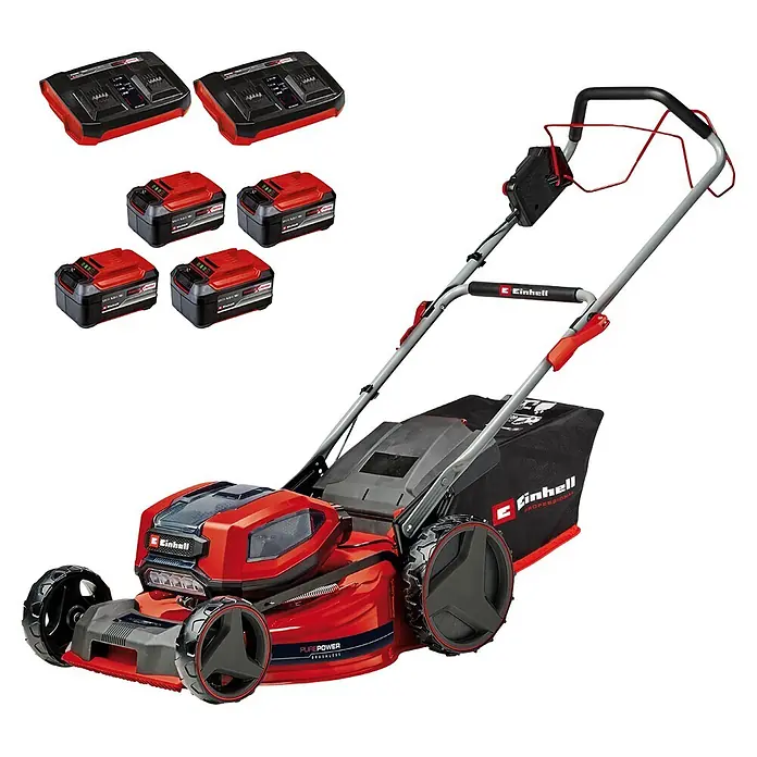 Einhell Professional PXC 18V Akku-Rasenmäher GP-CM 36/52 S Li BL - 36 V, 4 Akkus, 5,2 Ah, Schnittbreite: 52 cm - Roter Akku-Rasenmäher mit vier Akkus und Doppelladegerät.