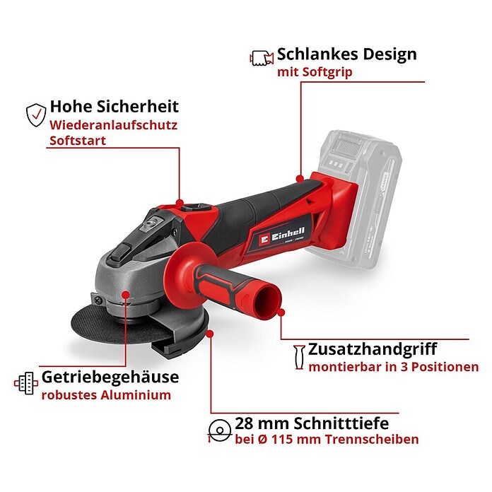 Einhell Power X-Change Akku-Winkelschleifer (18 V, Ohne Akku, Durchmesser Scheibe: 115 mm)