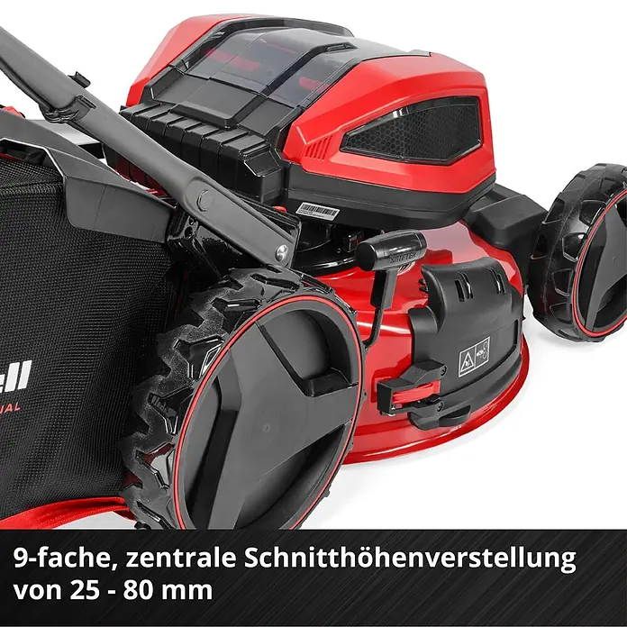 Einhell Professional PXC 18V Akku-Rasenmäher GP-CM 36/52 S Li BL - 36 V, 4 Akkus, 5,2 Ah, Schnittbreite: 52 cm - Rot-schwarzer Rasenmäher mit 9-facher, zentraler Schnitthöhenverstellung von 25 bis 80 mm.