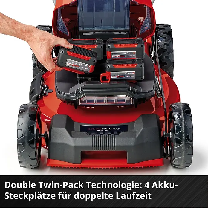 Einhell Professional PXC 18V Akku-Rasenmäher GP-CM 36/52 S Li BL - 36 V, 4 Akkus, 5,2 Ah, Schnittbreite: 52 cm - Roter Akku-Rasenmäher mit 4 Akkusteckplätzen. Eine Hand setzt eine Batterie ein. Doppel-Twin-Pack Technologie für doppelte Laufzeit.