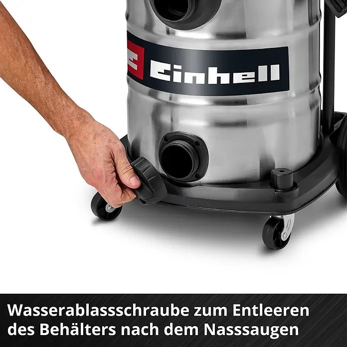 Einhell PXC 18V Akku-Nass-Trockensauger TE-VC 36/30 Li S-Solo - 18 V, Ohne Akku, Behältervolumen: 30 l - Einhell Nass-Trockensauger: Hand öffnet Wasserablassschraube am Edelstahlbehälter zur Entleerung nach dem Nasssaugen.