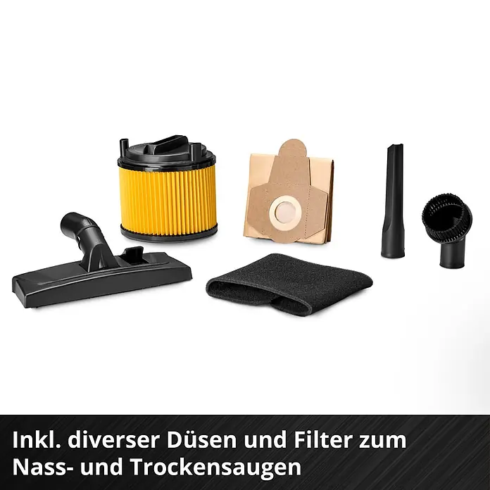 Einhell PXC 18V Akku-Nass-Trockensauger TE-VC 36/30 Li S-Solo - 18 V, Ohne Akku, Behältervolumen: 30 l - Staubsauger-Zubehör: Bodendüse, Fugen- und Bürstendüse, gelber Faltenfilter, Papierstaubbeutel, schwarzer Schaumfilter für Nass-/Trockensaugen.