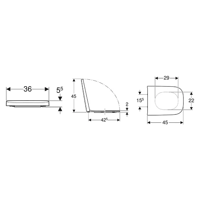 Geberit Renova Plan WC-Sitz - Duroplast, Weiß, Mit Absenkautomatik, Abnehmbar - Technische Zeichnung eines Toilettensitzes mit drei Ansichten und Maßen: Länge 45 cm, Breite 36 cm, Höhe 5,5 cm geschlossen.