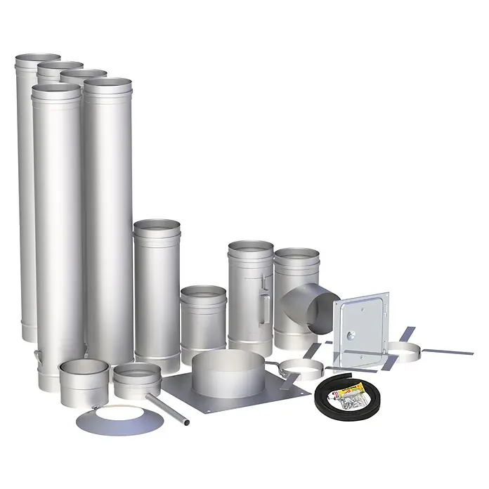 Innen-Kaminsanierungspaket - Durchmesser: 130 mm, Gesamtlänge: 6 m, Edelstahl - Set aus silbernen Metall-Schornsteinsystemkomponenten: verschiedene Rohre, Bögen, Kappen und Verbindungsstücke.