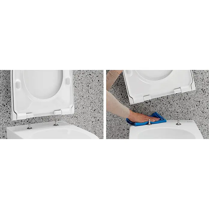 Geberit Renova Plan WC-Sitz - Duroplast, Weiß, Mit Absenkautomatik, Abnehmbar - Weißer WC-Sitz und Deckel zum Reinigen abgenommen, eine Hand wischt den WC-Bereich.