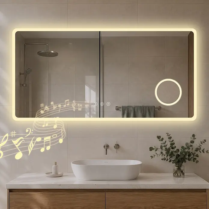 S'AFIELINA Lichtspiegel Clarity Connect - 120 x 60 cm, Leuchtmittel - Rechteckiger LED-Badezimmerspiegel mit beleuchtetem Rahmen, integrierten Bedienelementen, Vergrößerungsspiegel und Bluetooth-Audiofunktion über einem Waschbecken.