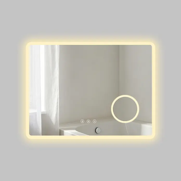 S'AFIELINA Lichtspiegel Clarity Connect - 80 x 60 cm, Leuchtmittel - Rechteckiger LED-Badspiegel mit abgerundeten Ecken, integriertem Bluetooth, Antibeschlag und beleuchtetem Vergrößerungsspiegel. Spiegelt Badewanne und Fenster.