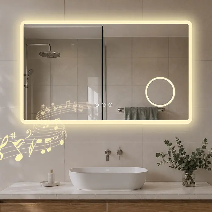 S'AFIELINA Lichtspiegel Clarity Connect - 100 x 60 cm, Leuchtmittel - Rechteckiger LED-Badezimmerspiegel mit Hintergrundbeleuchtung, Bluetooth, Antibeschlag, Touch-Steuerung und Vergrößerungsspiegel. Mit Musiknoten.