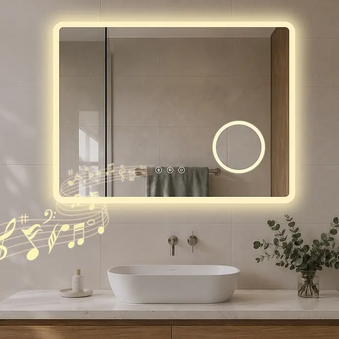 S'AFIELINA Lichtspiegel Clarity Connect - 80 x 60 cm, Leuchtmittel - Intelligenter LED-Spiegel mit abgerundeten Ecken, hinterleuchtetem Rahmen, Bluetooth-Audio, Antibeschlag und Vergrößerungsspiegel im Bad.