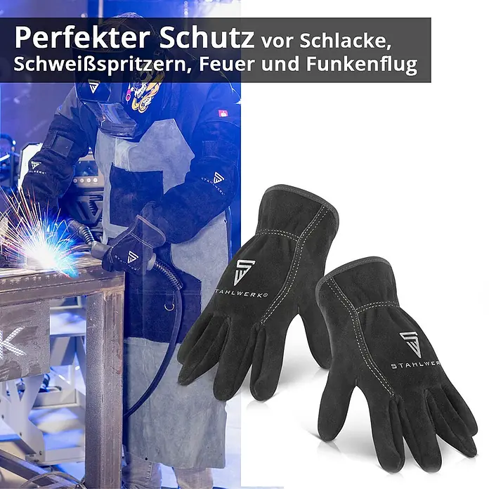 STAHLWERK 2 x Schweißerhandschuhe hitzebeständig aus hochwertigem Spaltleder -  - Schwarze STAHLWERK Schweißerhandschuhe bieten Schutz vor Hitze und Funken beim Schweißen.