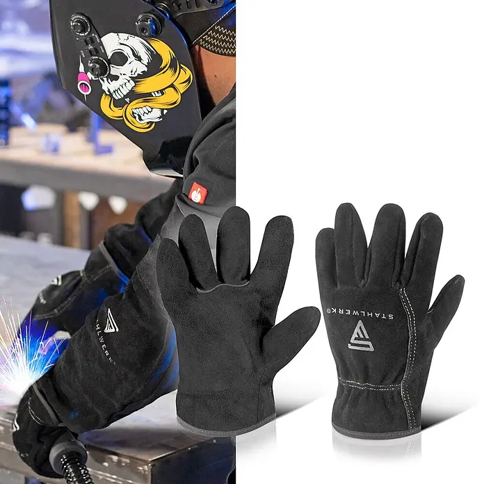 STAHLWERK 2 x Schweißerhandschuhe hitzebeständig aus hochwertigem Spaltleder -  - Schwarze Schweißhandschuhe, ein Paar wird von einem Schweißer getragen, ein Paar liegt flach.