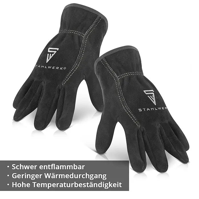 STAHLWERK 2 x Schweißerhandschuhe hitzebeständig aus hochwertigem Spaltleder -  - Ein Paar schwarze STAHLWERK Schweißhandschuhe mit weißen Nähten, flamm- und hitzebeständig.