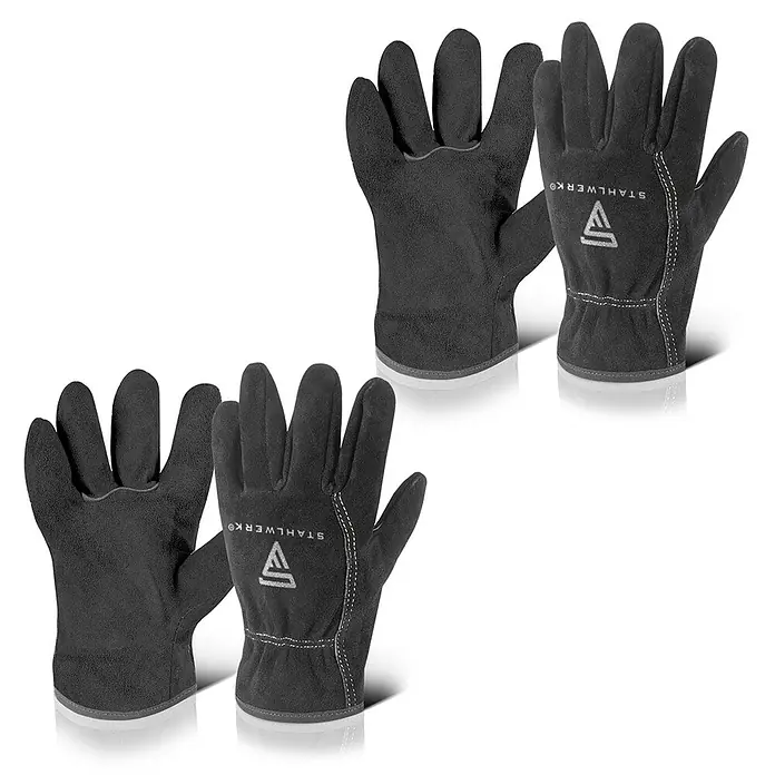 STAHLWERK 2 x Schweißerhandschuhe hitzebeständig aus hochwertigem Spaltleder -  - Zwei Paar schwarze Leder-Arbeitshandschuhe mit hellen Nähten und Logo.