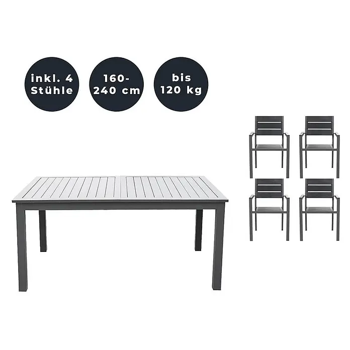 Home Deluxe Sitzgruppe CASA MADERA - Gartentisch inkl. 4 Stühlen -  - Dunkelgraue Outdoor-Essgruppe mit ausziehbarem Tisch (160-240 cm) und 4 passenden Stühlen.