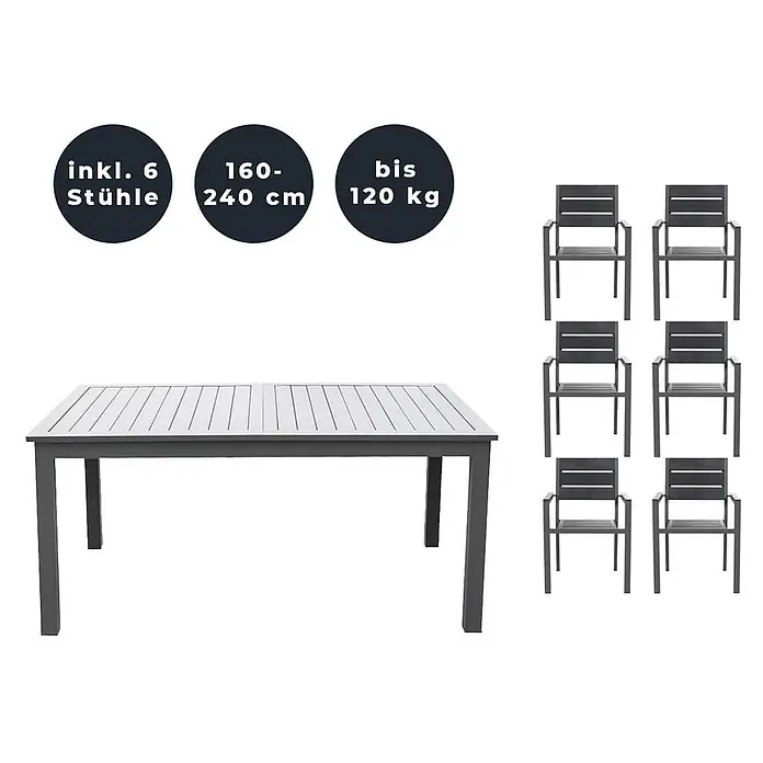 Home Deluxe Gartentisch-Set CASA MADERA - Tisch inkl. 6 Stühlen - Gesamtumfang: 7 -tlg., Ausziehbar - Grauer ausziehbarer Gartentisch (160-240 cm) mit 6 passenden Stühle (bis 120 kg).