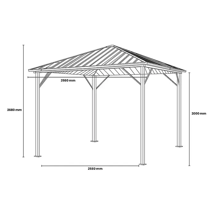 Home Deluxe Standard-Pavillon AZUR - Farbe Gestell: Anthrazit, Metall - Strichzeichnung eines rechteckigen Pavillons mit Schrägdach. Max. Maße: 2980x2580mm Basis, 2680mm Gesamthöhe, 2000mm Durchgangshöhe.