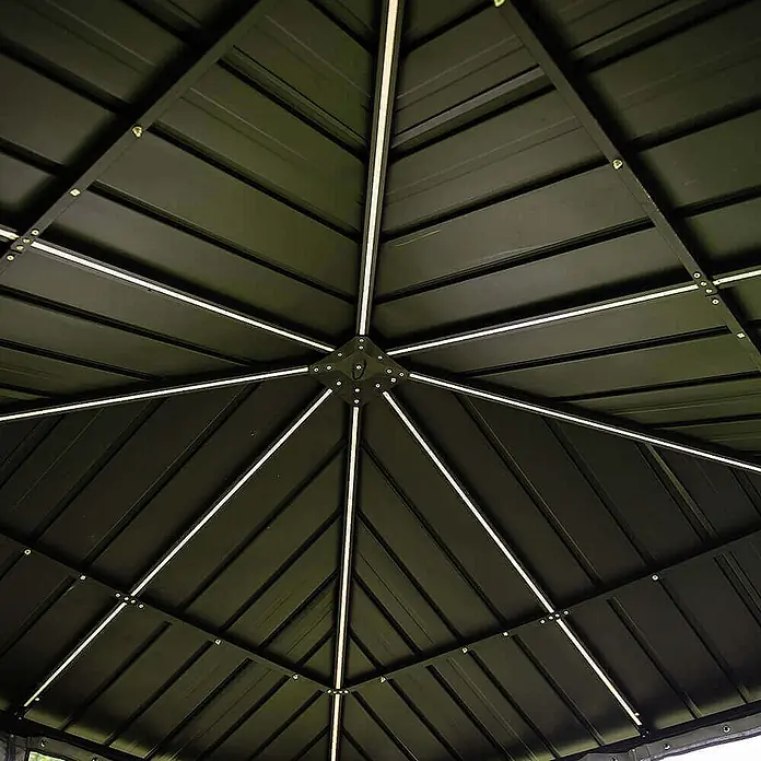 Home Deluxe Standard-Pavillon AZUR - Farbe Gestell: Anthrazit, Metall - Unterseite eines dunklen Metallpavillondachs mit weißen Stützbalken, die von der Mitte ausstrahlen.