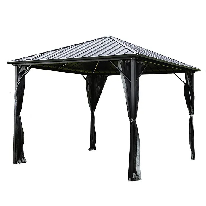 Home Deluxe Standard-Pavillon AZUR - Farbe Gestell: Anthrazit, Metall - Dunkles Metall-Hardtop-Gartenpavillon mit schwarzen Netvorhängen, an Pfosten gebunden.