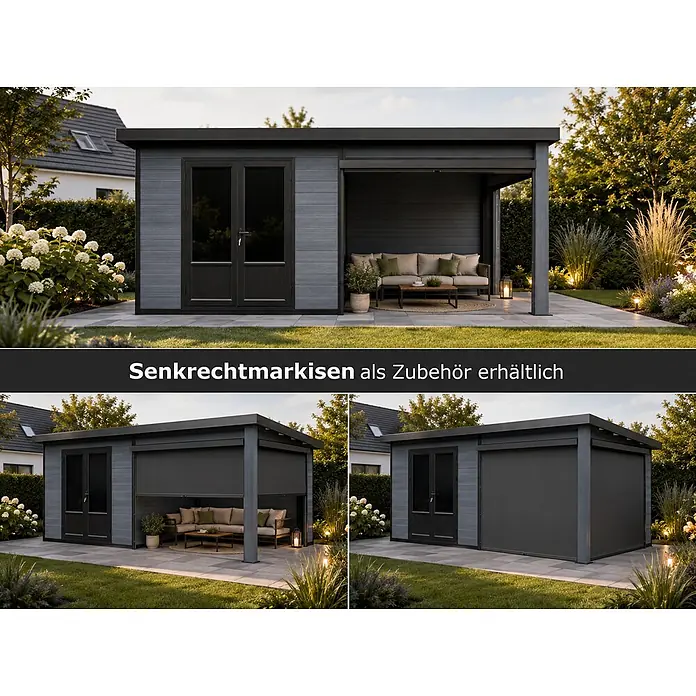Fjordholz Gartenhaus Style DeLuxe - Außenmaß inkl. Dachüberstand (B x T): 571 x 327 cm, Aluminium, Anthrazit/grau - Modernes anthrazitfarbenes Gartenhaus mit integrierter Pergola und flexiblen, ausziehbaren Senkrechtmarkisen für eine geschützte Lounge-Ecke.