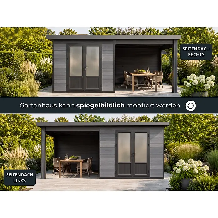 Fjordholz Gartenhaus Style DeLuxe - Außenmaß inkl. Dachüberstand (B x T): 571 x 327 cm, Aluminium, Anthrazit/grau - Dunkelgraues Gartenhaus mit Doppeltür und umkehrbarem Seitenanbau, in Gartenumgebung dargestellt.