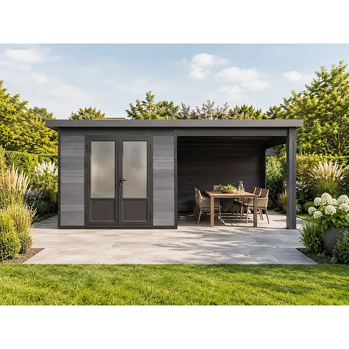 Fjordholz Gartenhaus Style DeLuxe - Außenmaß inkl. Dachüberstand (B x T): 571 x 327 cm, Aluminium, Anthrazit/grau - Modernes graues Gartenhaus mit Doppeltür und integrierter Pergola über einem Terrassen-Essbereich.